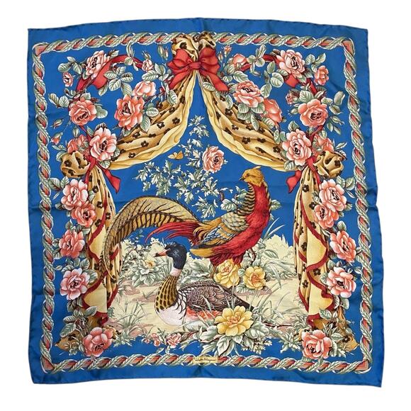 75. Ferragamo Blue Silk Scarf - Picture 1 of 5